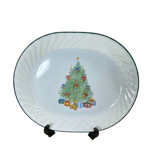 Vintage Corelle Christmas Tree Holiday Serving Platter With Green Trim 13" Oval